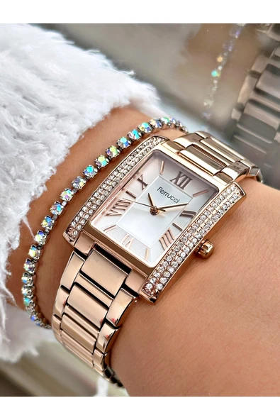 Ferrucci Rose Gold Renk Kare Taşlı Model Çelik Kordon Kadın Kol Saati + BİLEKLİK ürün görseli 1