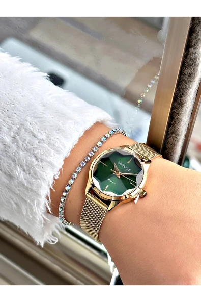 Ferrucci Altın Renk Kesme Cam Model Hasır Kordon  Kadın Kol Saati + BİLEKLİK - Resim 2