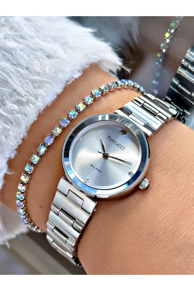 Ferrucci Gümüş Renk Klasik Model  Çelik Kordon Kadın Kol Saati + BİLEKLİK ürün görseli 1