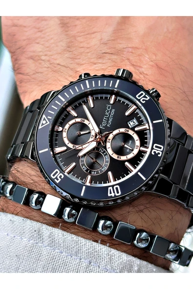 Ferrucci Siyah Renk Fonksiyonlar Aktif  Çelik Kordon Erkek Kol Saati + BİLEKLİK HEDİYELİ ürün görseli 1