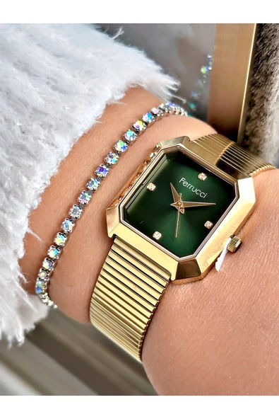 Ferrucci Altın Renk Kare Model Hasır Kordon Kadın Kol Saati + BİLEKLİK ürün görseli 1