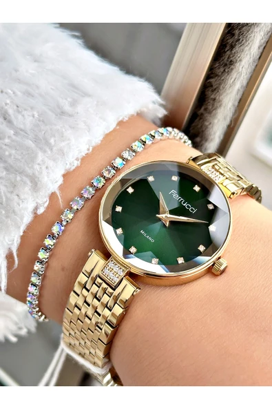 Ferrucci Altın Renk Kesme Cam Kristal Model Şık Model Kadın Kol Saati + BİLEKLİK HEDİYELİ ürün görseli 1