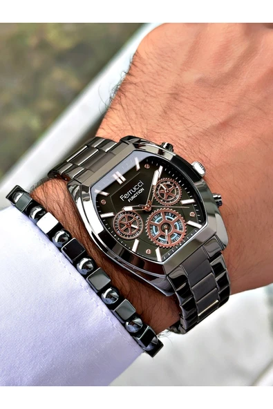 Ferrucci Füme Renk Fonksiyonlar Aktif Kare Model Klasik Erkek Kol Saati + BİLEKLİK - Resim 2