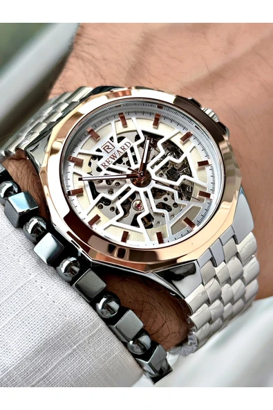 Reward Gümüş Renk Otomatik Business Çelik Kordon  Erkek Kol Saati + BİLEKLİK - Resim 3