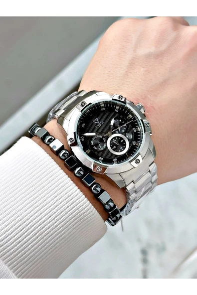 Fiesta Gümüş Renk Fonksiyonlu Çelik Makine Garantili Erkek Kol Saati + BİLEKLİK - Resim 2