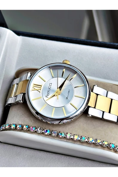 Ferrucci Altın Gümüş Renk Aynalı Kristal Görünüm Cam Çelik Kordon Kadın Kol Saati + BİLEKLİK ürün görseli 1
