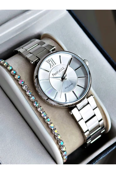 Ferrucci Gümüş Renk Aynalı Kristal Görünüm Cam Çelik Kordon Kadın Kol Saati + BİLEKLİK ürün görseli 1