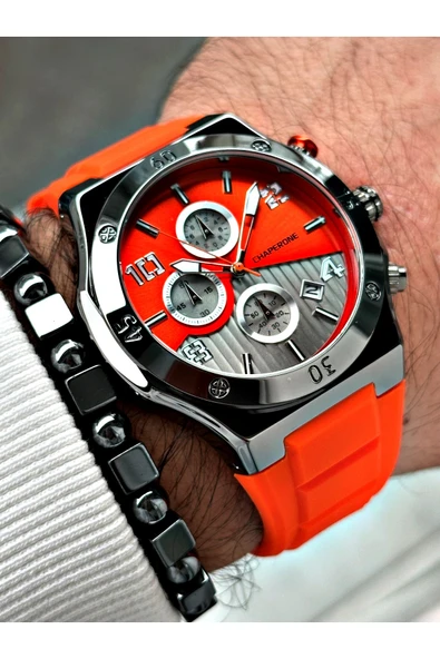 Chaperone Turuncu Renk Spor Silikon Fonksiyonlar Aktif Garantili Erkek Kol Saati + BİLEKLİK By REWARD - Resim 3