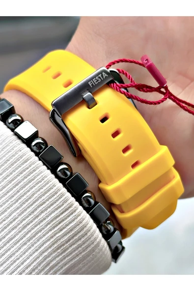 Fiesta Sarı Renk Spor Silikon Çelik Kasa Erkek Kol Saati + BİLEKLİK - Resim 5