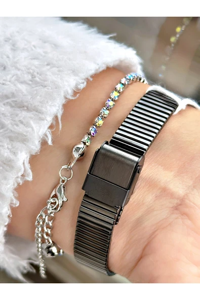 Ferrucci Siyah Renk Minimalist Kare Model Hasır Kadın Kol Saati + BİLEKLİK - Resim 3