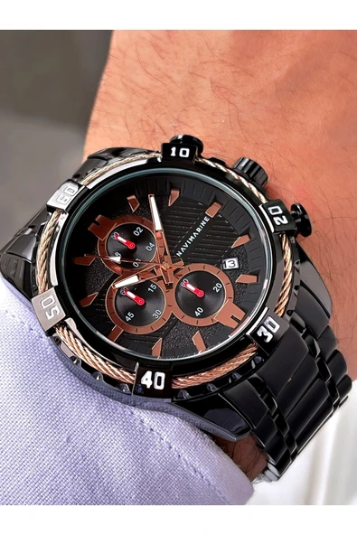 Navimarine Siyah Renk Çelik Kordon Erkek Kol Saati Bileklik Hediyeli - Resim 2