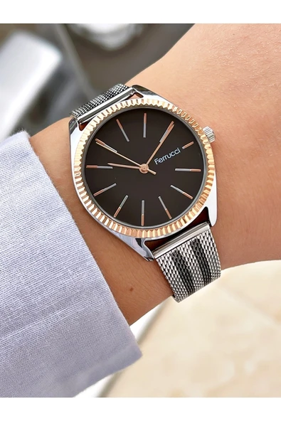 Ferrucci Siyah Gümüş Çift Renk Klasik Hasır Kadın Kol Saati - Resim 4