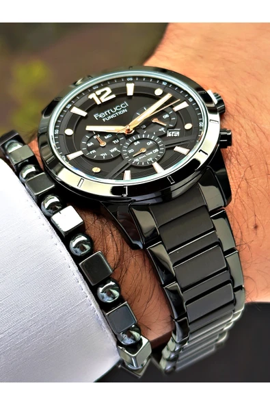 Ferrucci Siyah Renk Fonksiyonlar Aktif Çelik Kordon Erkek Kol Saati + BİLEKLİK HEDİYELİ - Resim 4
