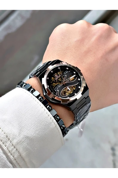Reward Siyah Renk Kabe Desen Otomatik Mekanizma Erkek Kol Saati + BİLEKLİK - Resim 2