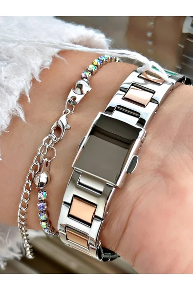 Ferrucci Rose Gümüş Renk Roma Rakamlı Sade Model  Erkek Kol Saati + BİLEKLİK - Resim 3