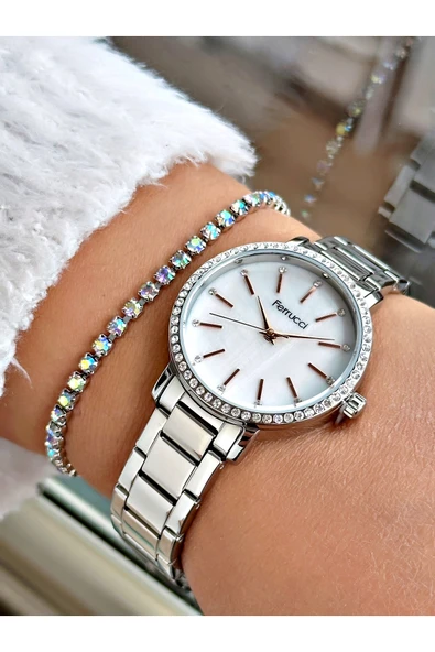 Ferrucci Gümüş Renk Sade Taşlı Model  Garantili Kadın Kol Saati + BİLEKLİK ürün görseli 1