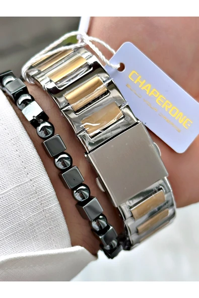 Chaperone Altın Gümüş Renk Sade Klasik Kare Model Çelik Kordon Erkek Kol Saati + BİLEKLİK HEDİYELİ By REWARD - Resim 5