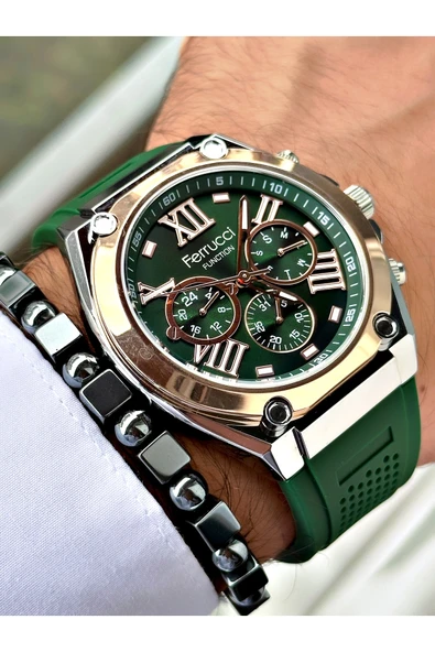 Ferrucci Yeşil Renk Silikon Fonksiyonlar Aktif Spor Erkek Kol Saati + BİLEKLİK - Resim 4