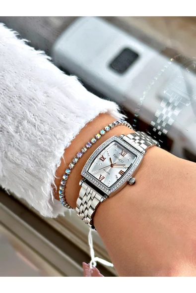 Ferrucci Gümüş Renk Kare Taşlı Model Çelik Kordon Kadın Kol Saati + BİLEKLİK - Resim 2