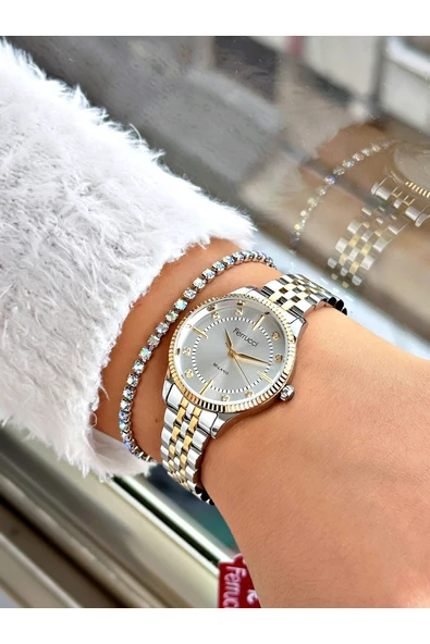 Ferrucci Gümüş Gold Sade Klasik Model Çelik Kordon  Kadın Kol Saati + BİLEKLİK HEDİYELİ - Resim 2