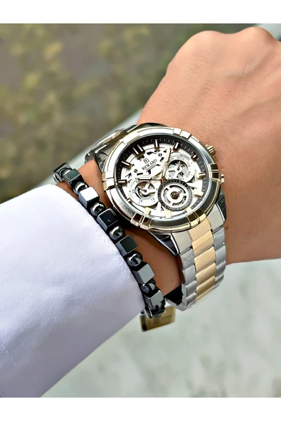 Reward Altın Gümüş Renk Çelik Kordon Erkek Kol Saati + Bileklik - Resim 2