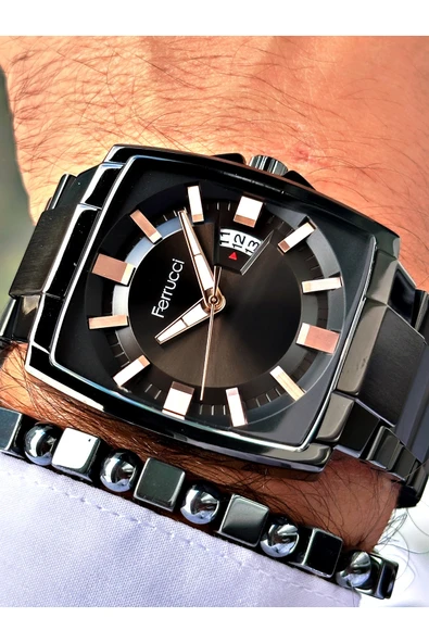 Ferrucci Siyah Renk Kare Klasik Çelik Kordon Erkek Kol Saati + BİLEKLİK - Resim 2