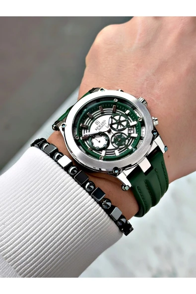 Reward Yeşil Renk Deri Kordon Çelik Kasa Fonksiyonlu Erkek Kol Saati + BİLEKLİK - Resim 2