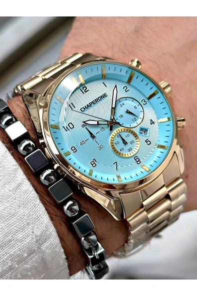 Chaperone Altın Renk Fonksiyonlar Aktif Çelik Kordon  Erkek Kol Saati + BİLEKLİK HEDİYELİ By Reward - Resim 3