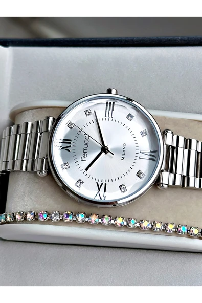 Ferrucci Gümüş Renk Roma Rakamlı Sade Model Çelik Kordon Kadın Kol Saati + BİLEKLİK - Resim 2