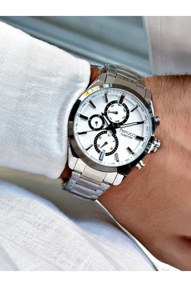 Ferrucci Gümüş Renk Çelik Kordon Şık Dizayn Fonksiyonlar Aktif Erkek Kol Saati + BİLEKLİK HEDİYELİ - Resim 2
