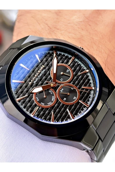 Navimarine Siyah Renk Fonksiyonlu Çelik Kordon Erkek Kol Saati Bileklik Hediyeli ürün görseli 1