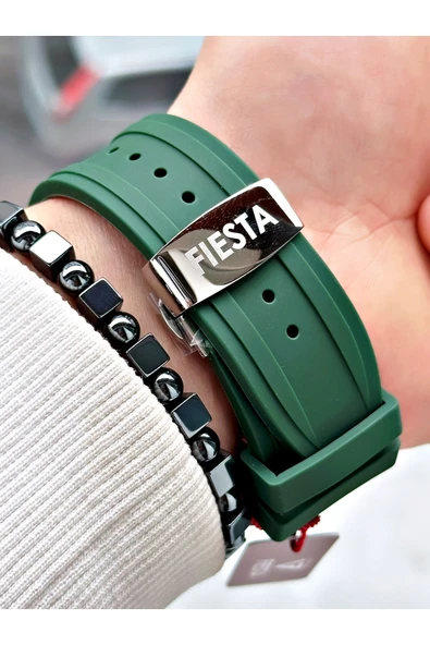 Fiesta Yeşil Renk Spor Silikon Kare Çelik Kasa Otomatik Business Erkek Kol Saati + BİLEKLİK - Resim 6