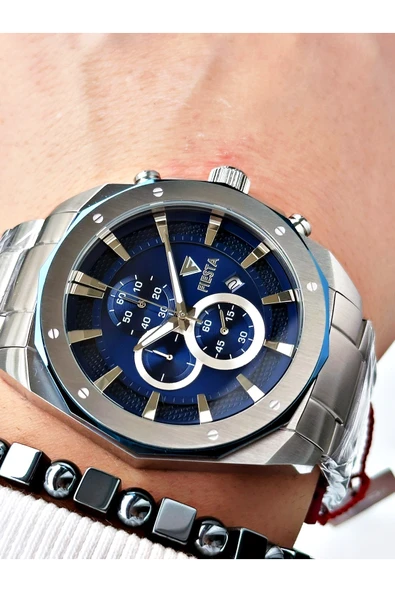 Fiesta Gümüş Renk Çelik Elite Mekanizma Garantili Fonksiyonlu Erkek Kol Saati + BİLEKLİK - Resim 2