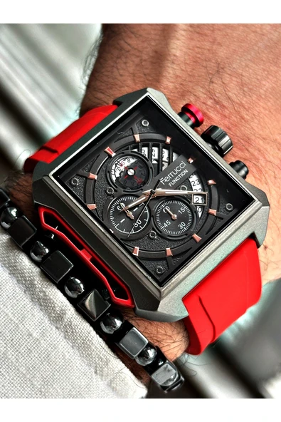 Ferrucci Kırmızı Renk Fonksiyonlu Spor Silikon Erkek Kol Saati + BİLEKLİK HEDİYELİ - Resim 3