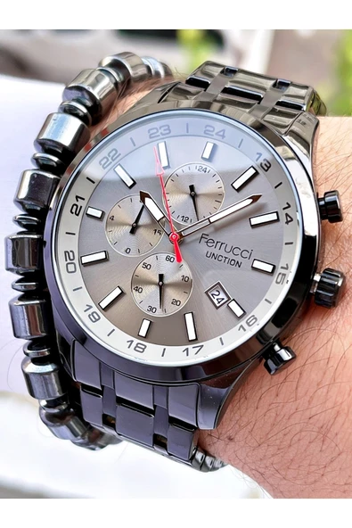 Ferrucci Siyah Renk Gri Kadran Bombeli Cam Fonksiyonlu Erkek Kol Saati + Bileklik - Resim 2