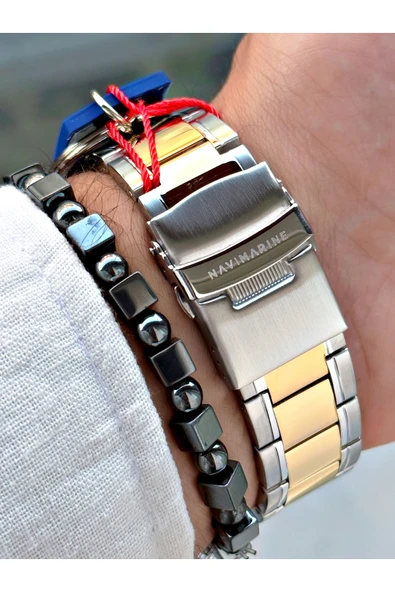 Navimarine Altın Gümüş Çift Renk Çelik Kordon Fonksiyonlu Erkek Kol Saati + BİLEKLİK - Resim 6