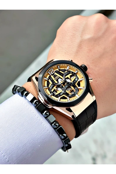 Fiesta Siyah Renk Fonksiyonlu Çelik Kasa Spor Deri Silikon Erkek Kol Saati + BİLEKLİK - Resim 2