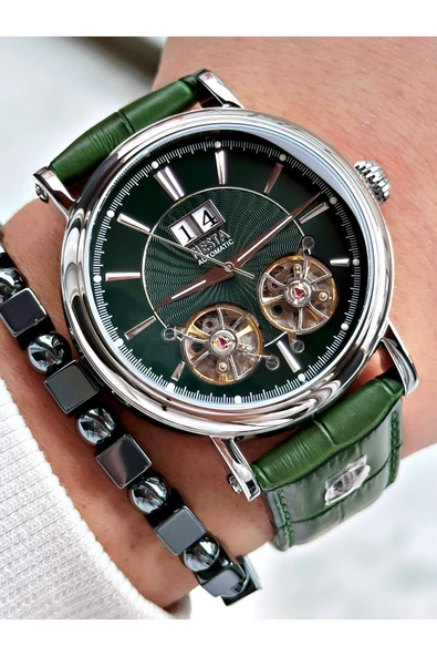 Fiesta Yeşil Renk Çift Türbünlü Deri Kordon Business Otomatik Erkek Kol Saati + BİLEKLİK - Resim 5