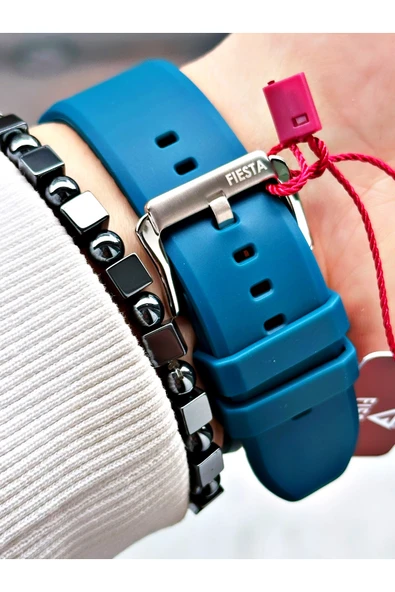 Fiesta Mavi Renk Spor Silikon Çelik Kasa Erkek Kol Saati + BİLEKLİK - Resim 5