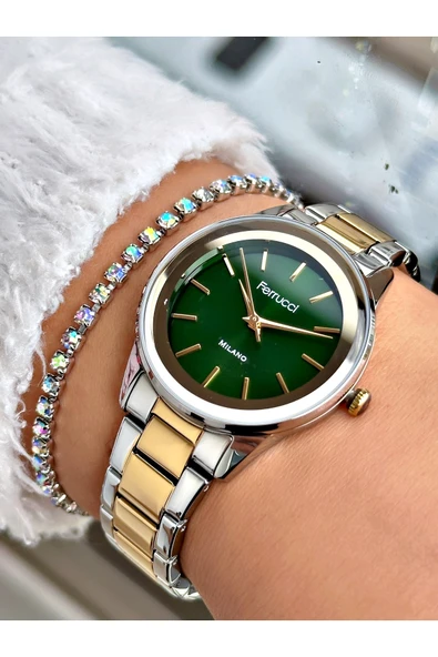Ferrucci Silver Altın Renk Aynalı Cam Model  Klasik Kadın Kol Saati + BİLEKLİK ürün görseli 1