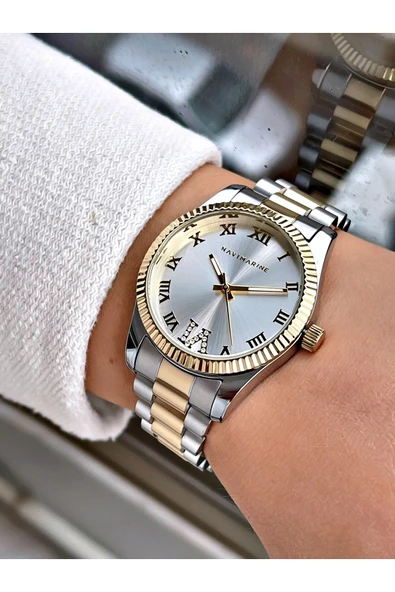 Navimarine Altın-gümüş Renk Çelik Kordon Kadın Kol Saati Bileklik Hediyeli - Resim 2
