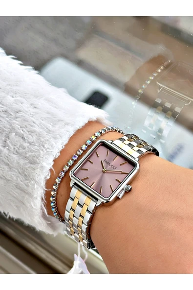 Ferrucci Altın Gümüş Renk Kare Sade Model Büyük Kasa Kadın Kol Saati + BİLEKLİK - Resim 2