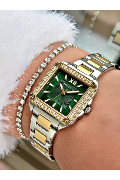 Ferrucci Gümüş Gold Renk Kare Model Taşlı Çelik Kordon Kadın Kol Saati + BİLEKLİK HEDİYELİ ürün görseli 1