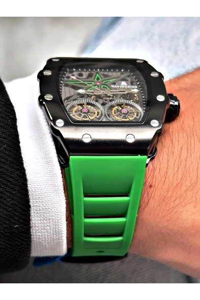 Navimarine Yeşil Renk Kare Spor Silikon Otomatik Business Erkek Kol Saati + BİLEKLİK HEDİYELİ - Resim 6