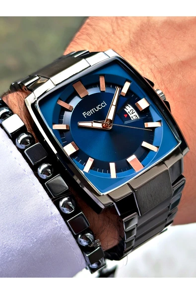 Ferrucci Füme Renk Kare Klasik Çelik Kordon Erkek Kol Saati + BİLEKLİK - Resim 4