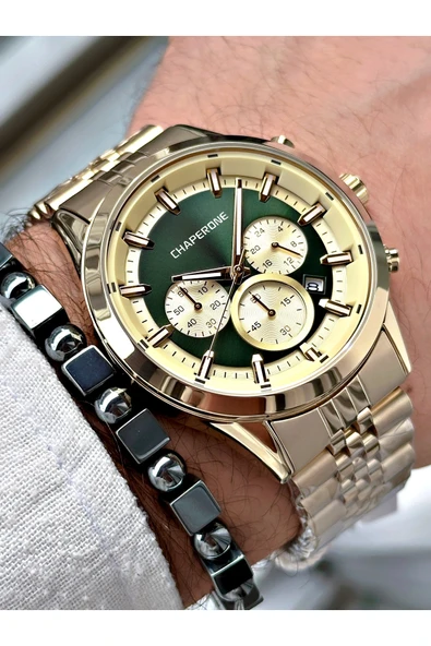 Chaperone Altın Renk  Çelik Kordon Fonksiyonlu Erkek Kol Saati + BİLEKLİK HEDİYELİ By Reward - Resim 3