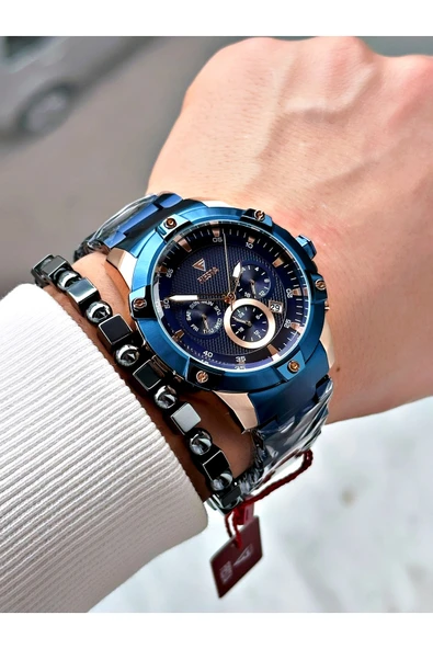 Fiesta Lacivert Renk Fonksiyonlu Çelik Makine Garantili Erkek Kol Saati + BİLEKLİK - Resim 2