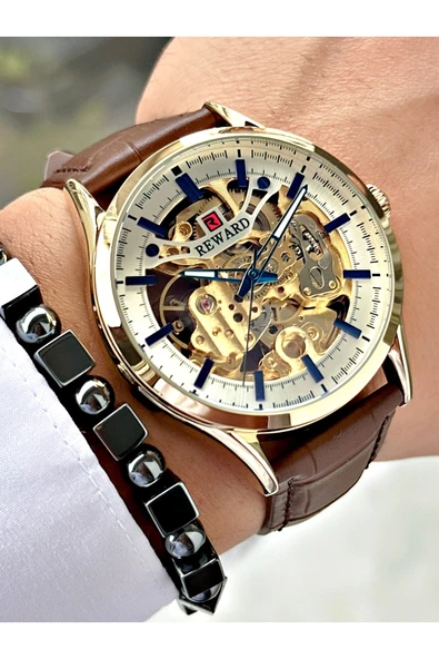 Reward Kahverengi Deri Kordon Otomatik Business Erkek Kol Saati + BİLEKLİK HEDİYELİ - Resim 5