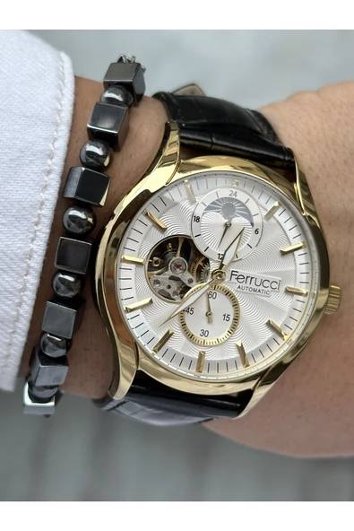 Ferrucci Altın Gold Gümüş Renk Çelik Kordon Business Otomatik Çelik Kordon Erkek Kol Saati + BİLEKLİK - Resim 6