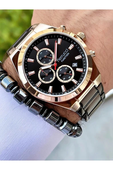 Ferrucci Siyah Renk Rose Gold Kasa Fonsiyonlar Aktif Çelik Kordon Erkek Kol Saati + Bileklik Hediyeli - Resim 3